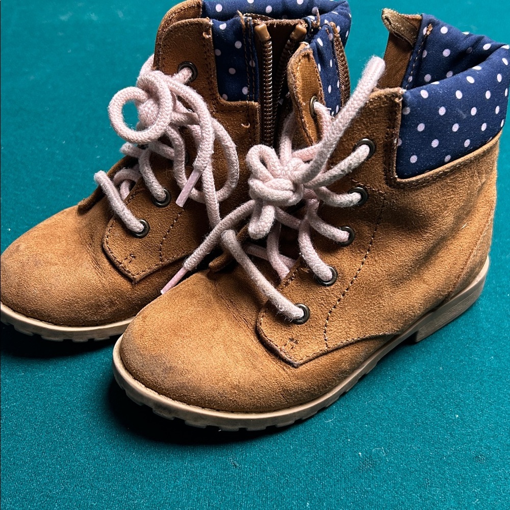 Kids Tan Boots with Blue Polka Dot Lining